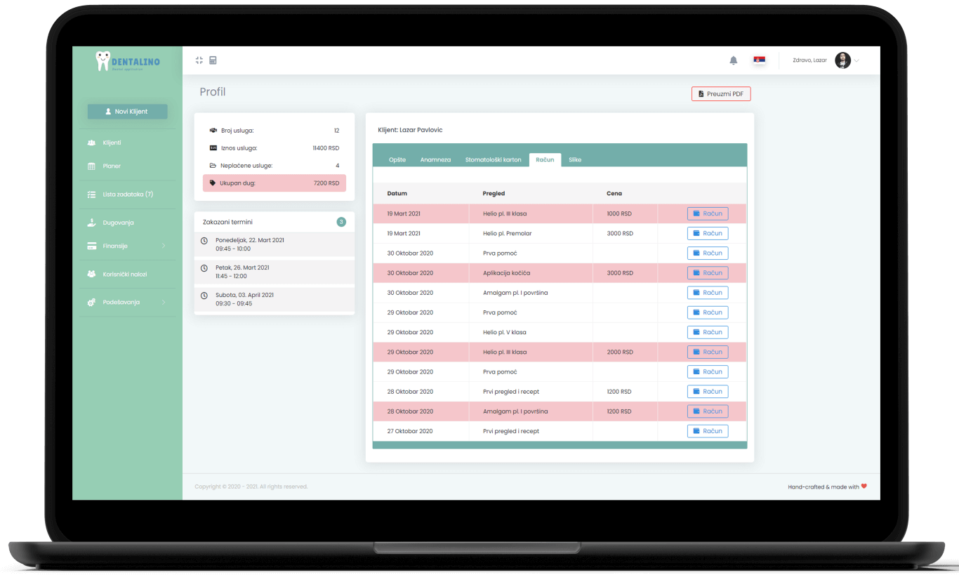 kreiranje računa, virtuelnog računa, kartoteka, intervencije, zubar, statistika